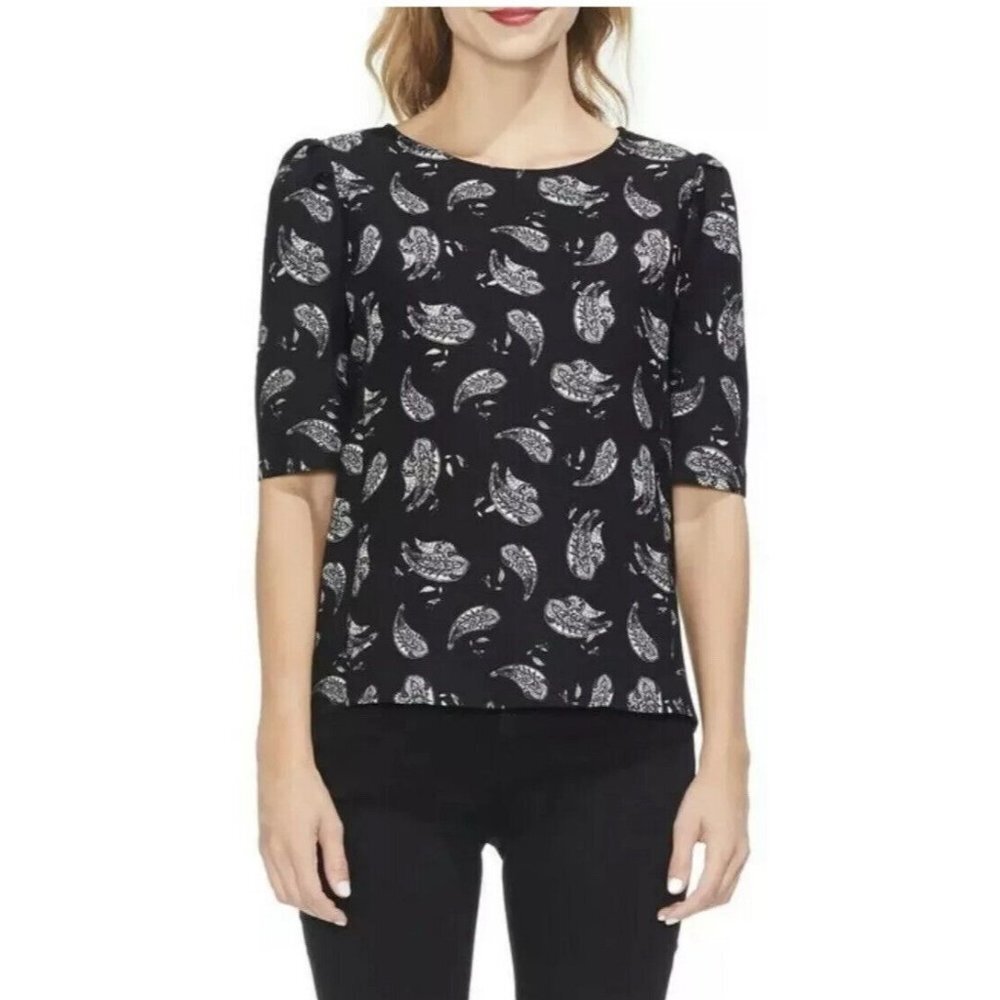 Vince Camuto Womens Blouse Black White Paisley Puff Sleeves Scoop Neck M New